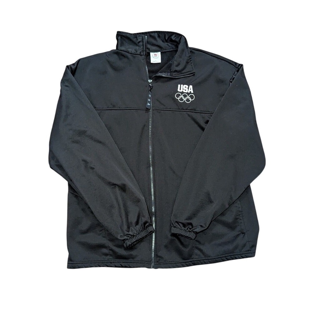 Vtg Official Olympics USA Black Fleece Mens Jacket Sz Large Full Zip Made In USA